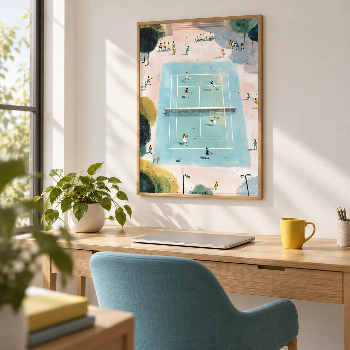 Tennis Game Art Print, framed on the wall of a bright home office