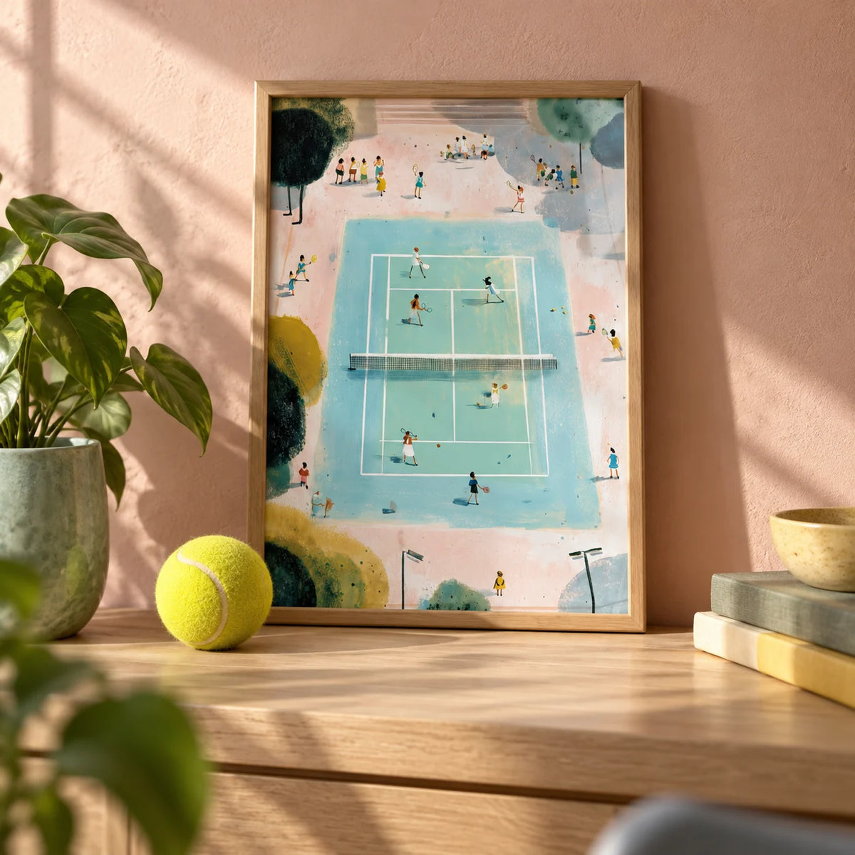 Tennis Game Art Print, a small A4 framed print leaning on a pale oak shelf in a living room