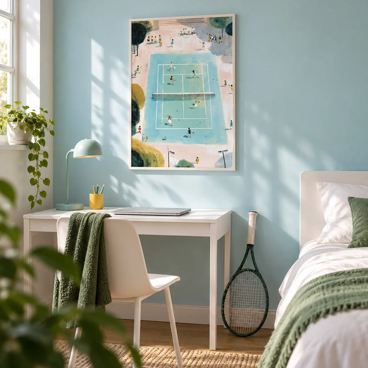 Tennis Game Art Print, framed on the wall of a teen bedroom (13-17) with a pale pool-blue painted wall