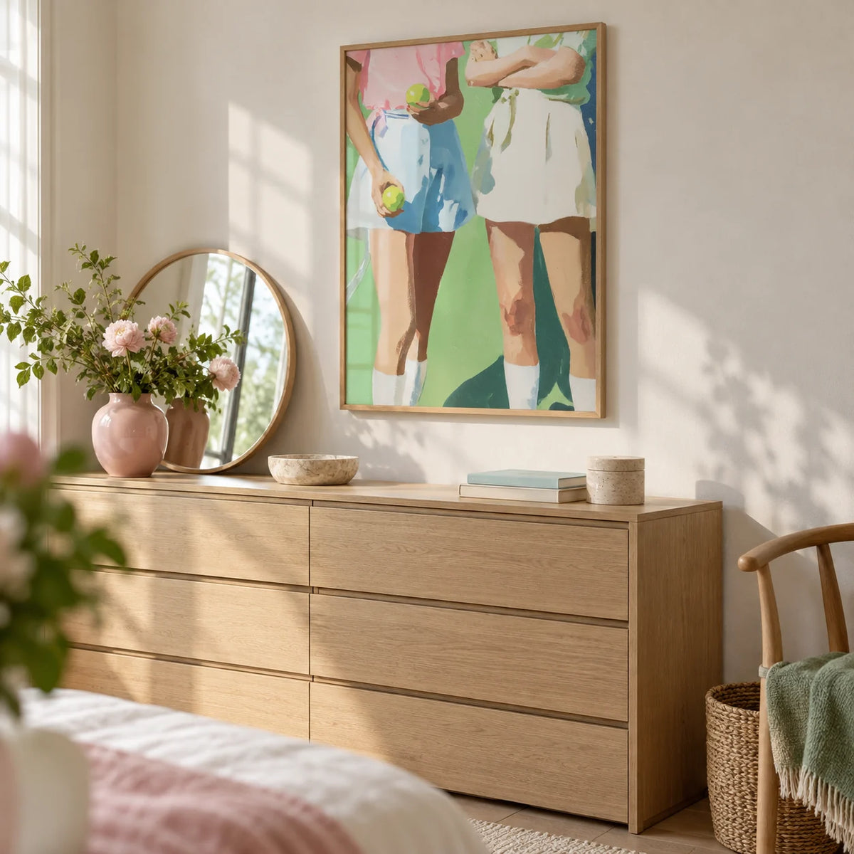 Tennis Girls Art Print, framed on the wall of a bright dressing area