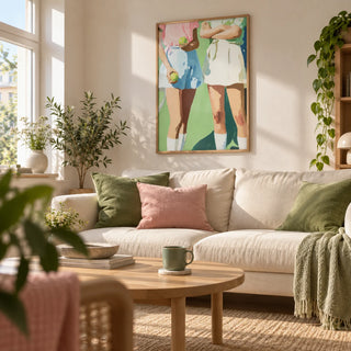 Tennis Girls Art Print, framed on the wall of a bright first-flat living room (age 22-28)