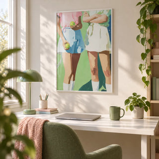 Tennis Girls Art Print, framed on the wall of a fresh home office