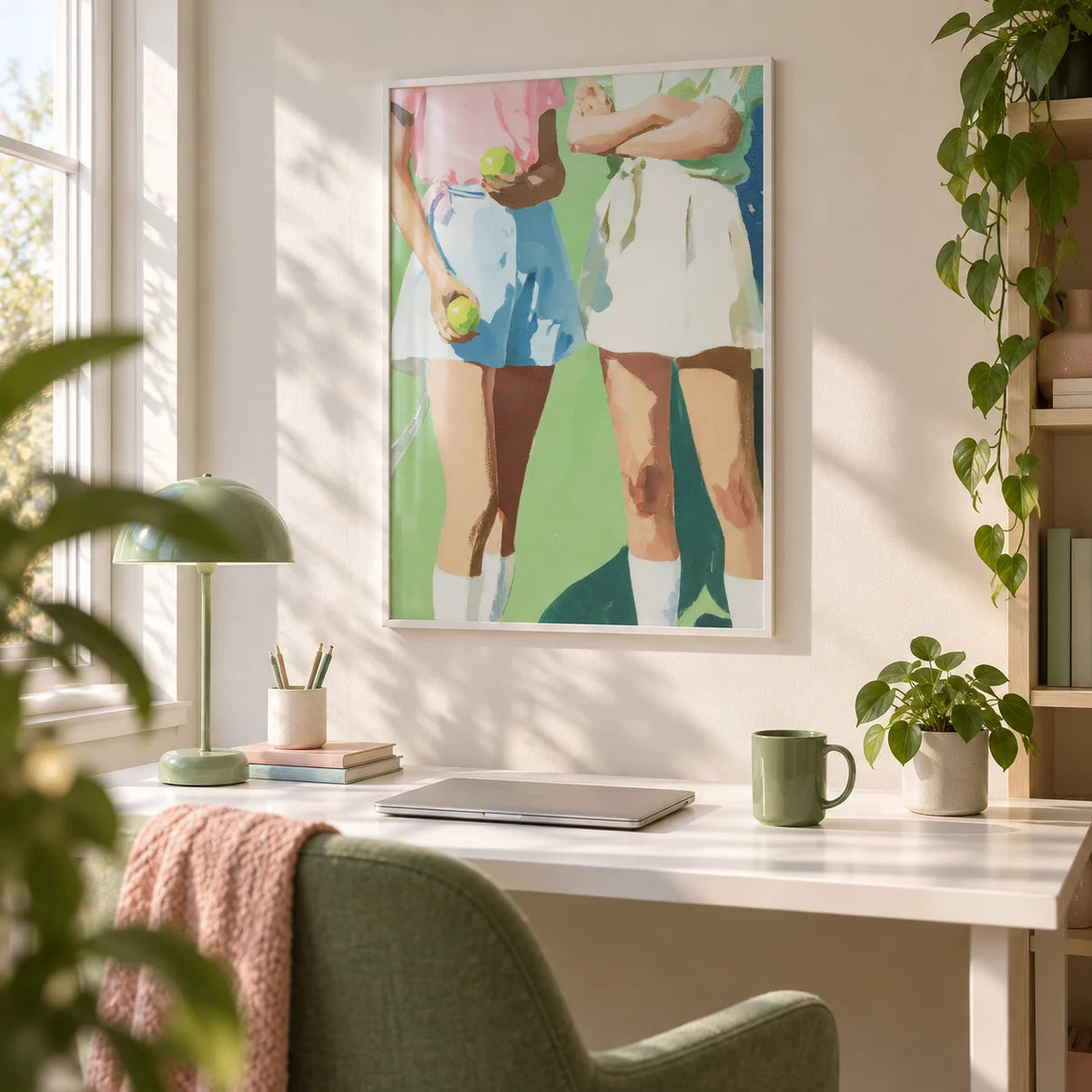 Tennis Girls Art Print, framed on the wall of a fresh home office