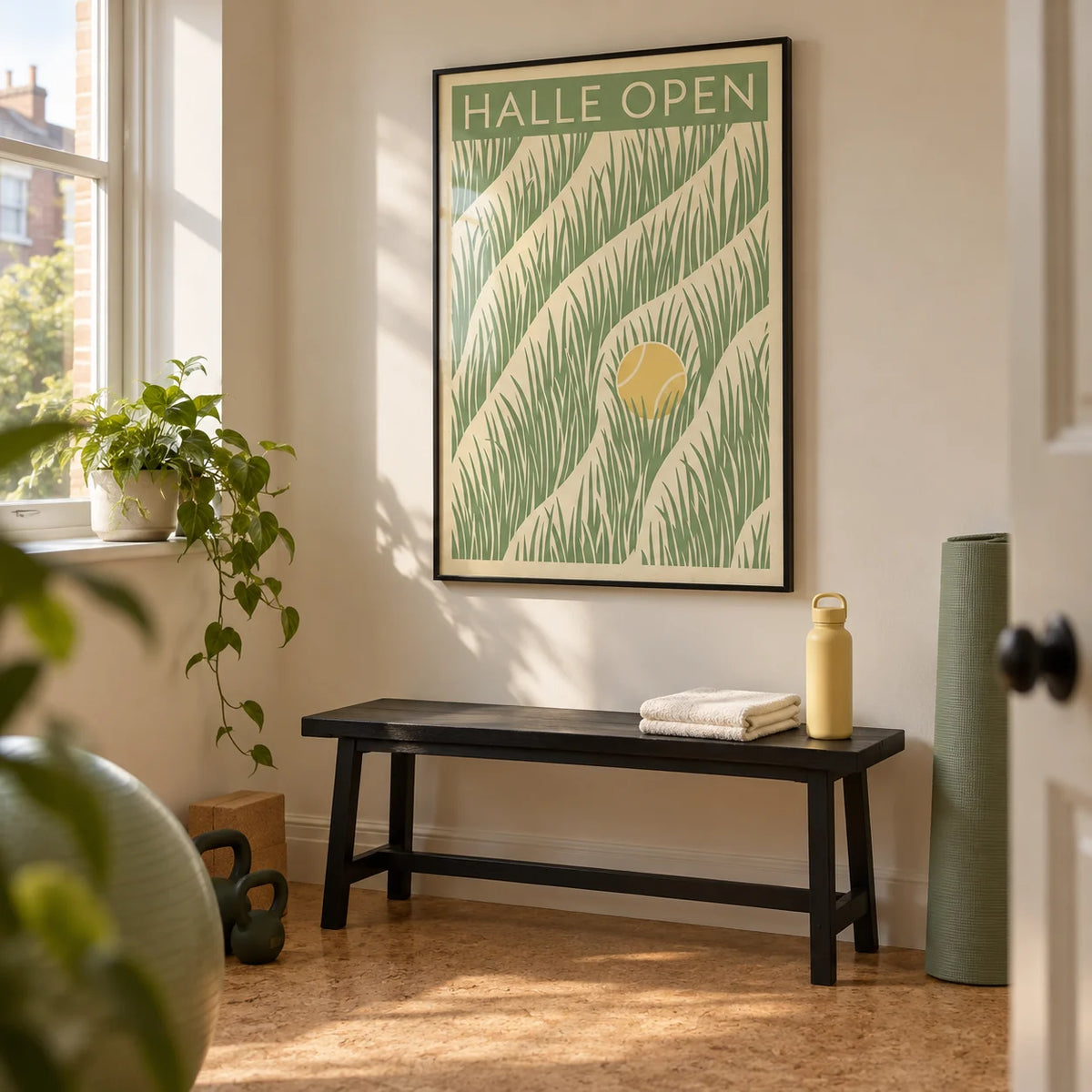 Tennis Grass Art Print, framed on the wall of a compact home exercise room in a UK terrace with warm white walls and a cork floor