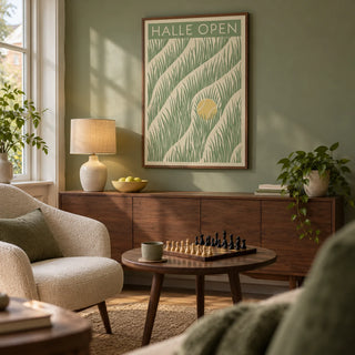 Tennis Grass Art Print, framed on the wall of a small grown-up games snug in a UK semi-detached home with a muted sage wall and simple walnut furniture in a living room