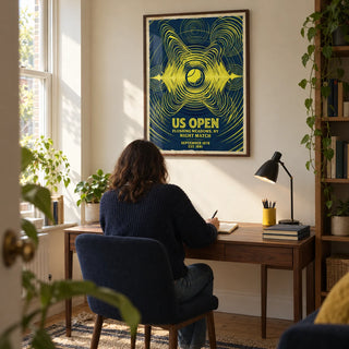 Tennis Night Art Print, framed on the wall of a compact home study in a UK terraced house