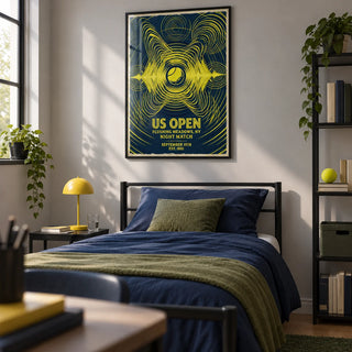 Tennis Night Art Print, framed on the wall of a contemporary single bedroom for a tennis-loving university student (18-21)