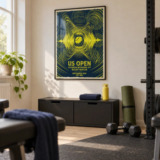 Tennis Night Art Print, framed on the wall of a modest home gym in a converted UK spare room