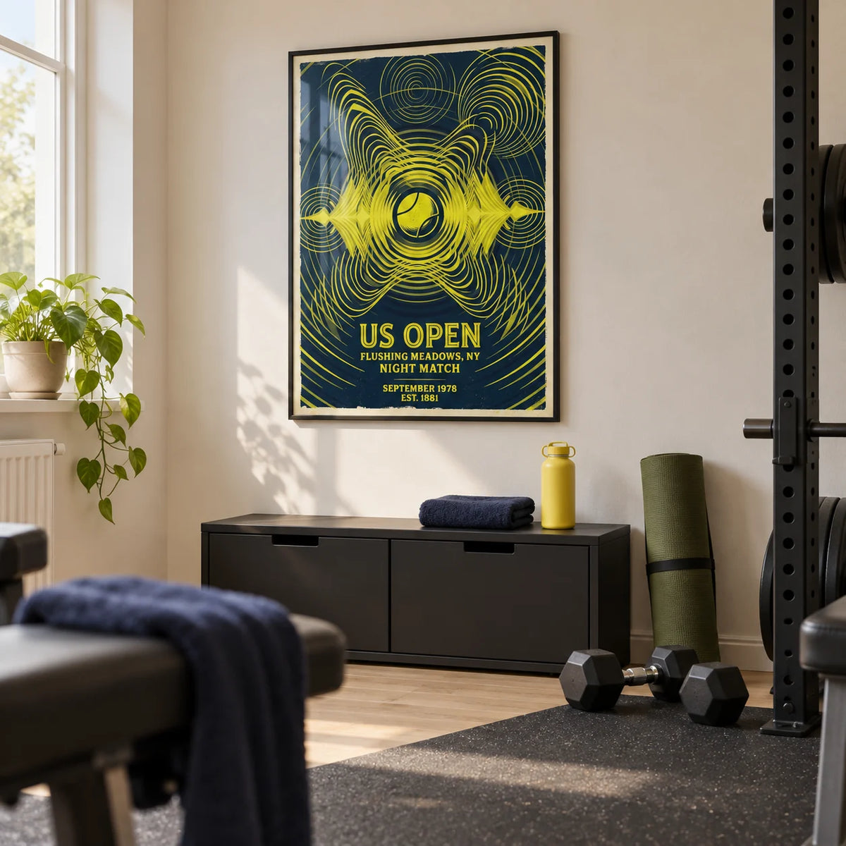 Tennis Night Art Print, framed on the wall of a modest home gym in a converted UK spare room
