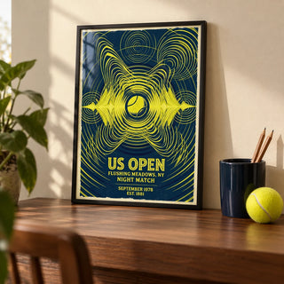 Tennis Night Art Print, a small A4 framed print leaning on a walnut desk