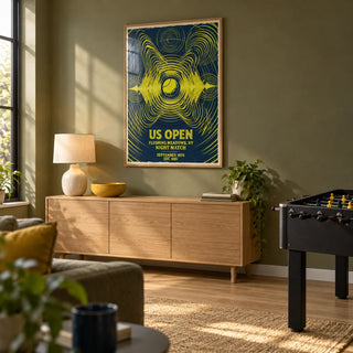 Tennis Night Art Print, framed on the wall of a small contemporary games room in a UK family home in a living room