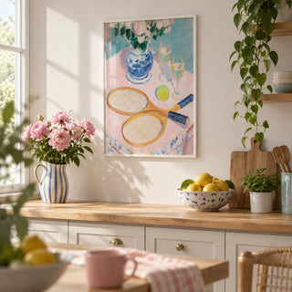 Tennis Still Life Print, framed on the wall of a bright kitchen