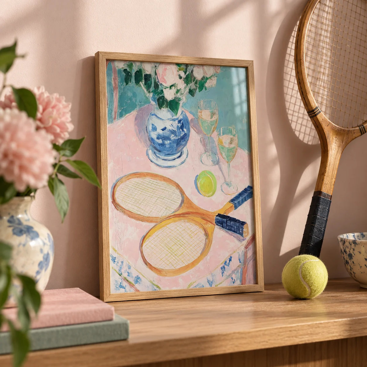 Tennis Still Life Print, a small A4 framed print leaning on an oak shelf in a living room