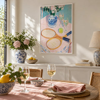Tennis Still Life Print, framed on the wall of a summery dining room