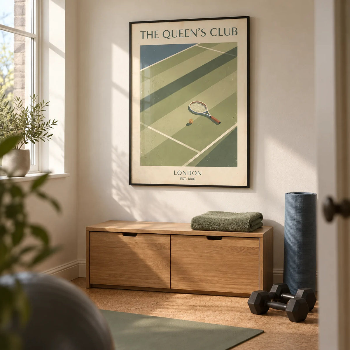 Tennis Wall Art, framed on the wall of a compact home exercise room in a UK house with warm white walls and a plain cork floor