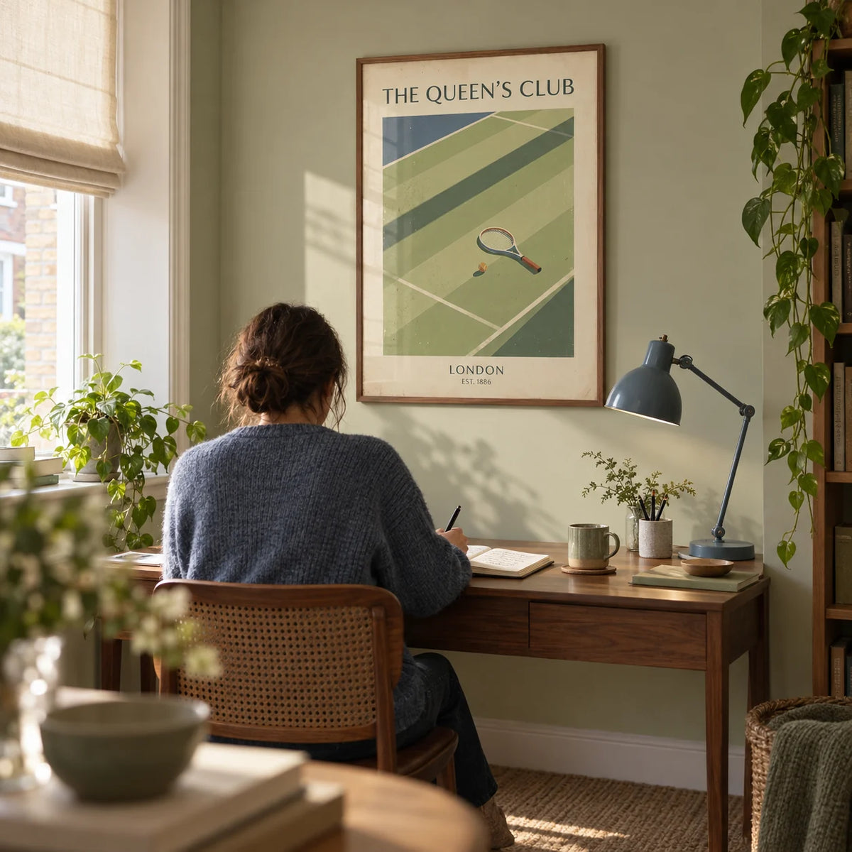 Tennis Wall Art, framed on the wall of a quiet home study in a UK terraced house with pale sage walls and a cream window blind