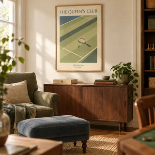 Tennis Wall Art, framed on the wall of a relaxed adult games room in a UK maisonette with cream walls and walnut floorboards in a living room