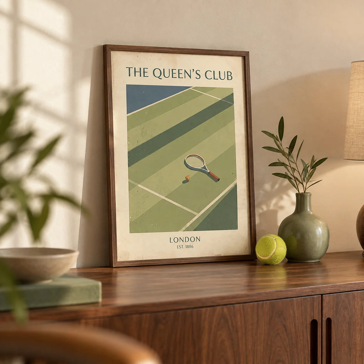 Tennis Wall Art, a small A4 framed print leaning on a walnut sideboard in a living room