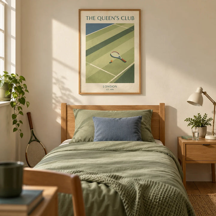 Tennis Wall Art, framed on the wall of a tennis-loving older teen’s single bedroom (16-17) in a UK family home with warm cream walls and oak floorboards