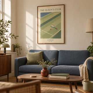 Tennis Wall Art, framed on the wall of a warm retro living room in a UK first flat (22-28) with cream walls and walnut furniture