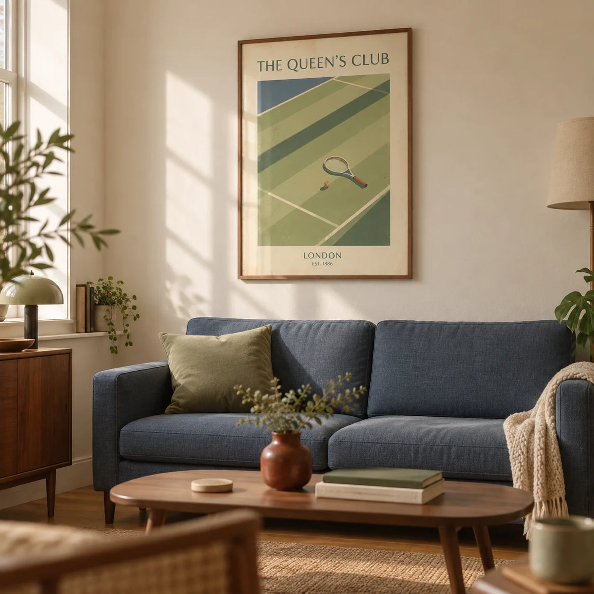 Tennis Wall Art, framed on the wall of a warm retro living room in a UK first flat (22-28) with cream walls and walnut furniture