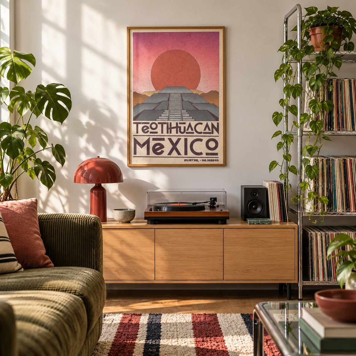 Teotihuacan Wall Art shown in a city apartment record corner (frame not included)