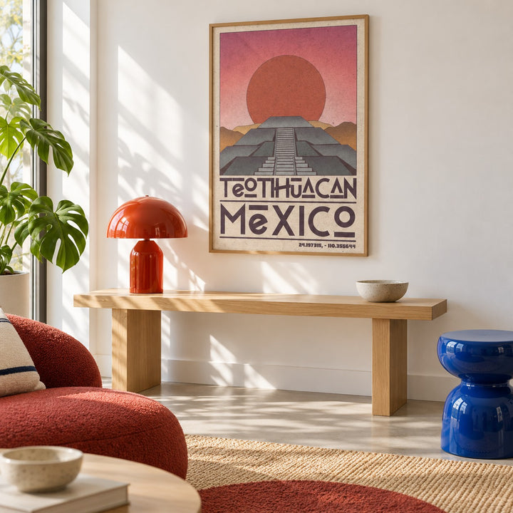 Teotihuacan Wall Art shown in a minimalist living room with an oak console (frame not included)