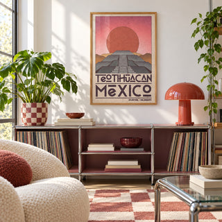 Teotihuacan Wall Art shown in a playful living room with a modular console (frame not included)