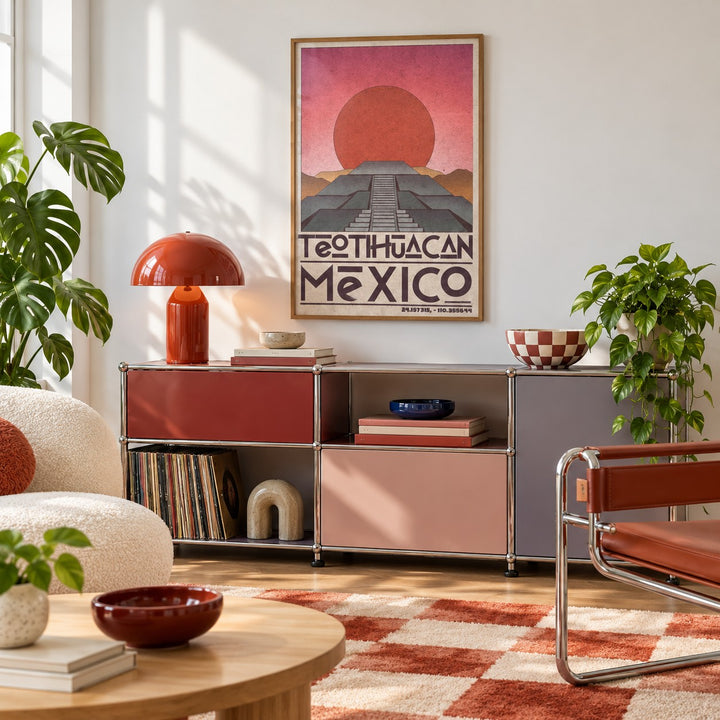 Teotihuacan Wall Art shown in a retro lounge corner (frame not included)