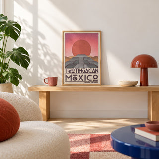Teotihuacan Wall Art shown in the small A4 size on a styled console (frame not included)