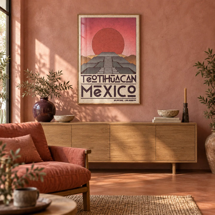 Teotihuacan Wall Art, framed on the wall of a warm Mexican-modern living room with a dusty rose limewashed wall and a plain terracotta floor