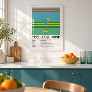 Tequila Wall Art, framed on the wall of a bright kitchen with plain teal painted cabinets and a white worktop