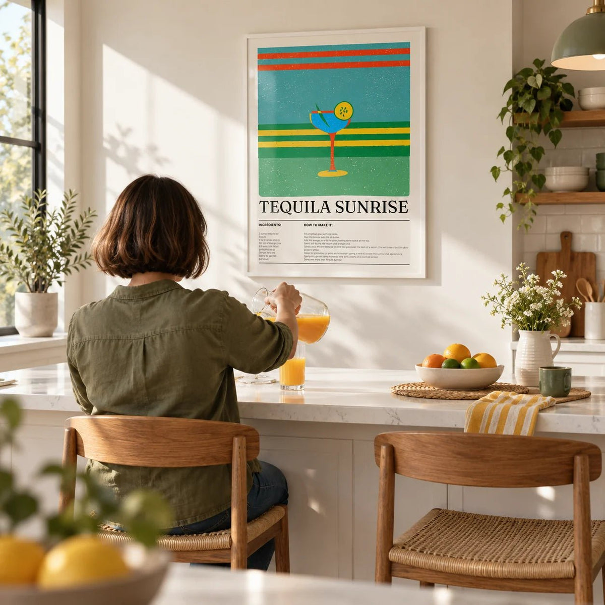 Tequila Wall Art, framed on the wall of a bright kitchen with a white breakfast bar and two stools