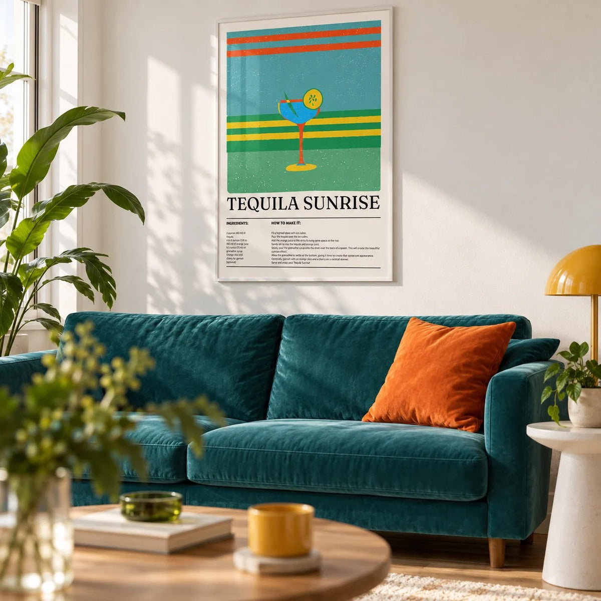 Tequila Wall Art, framed on the wall of a bright living room with a white wall