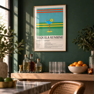 Tequila Wall Art, framed on the wall of a home bar nook with a deep green painted wall