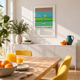 Tequila Wall Art, framed on the wall of a sunny dining room with a white wall