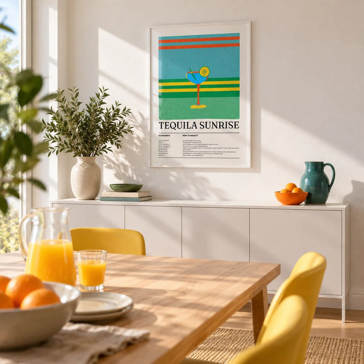 Tequila Wall Art, framed on the wall of a sunny dining room with a white wall