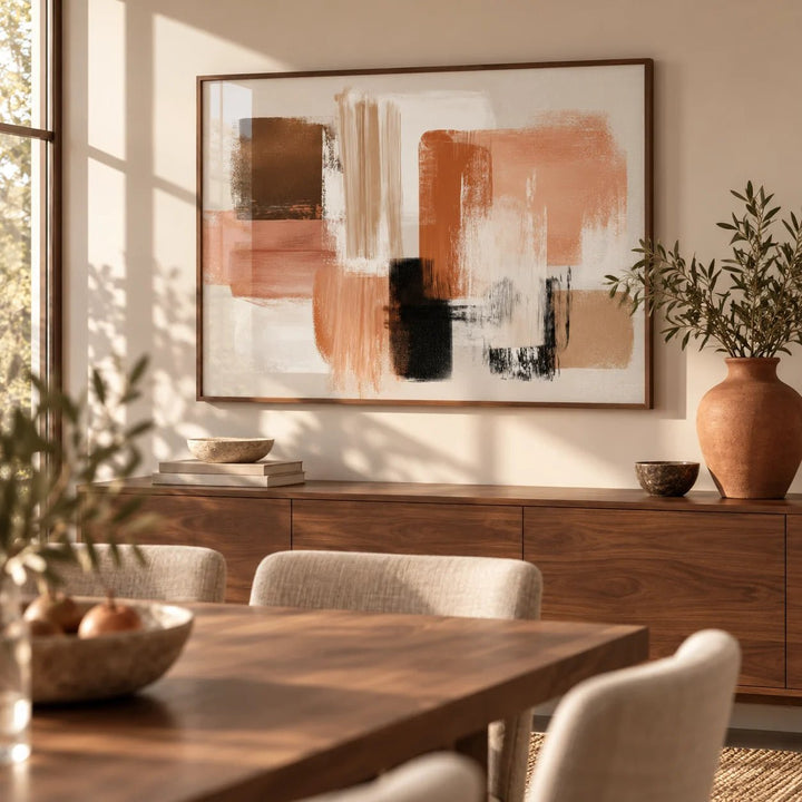 Terracotta and Cream Wall Art, framed on the wall of a dining room