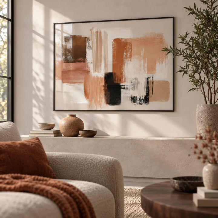 Terracotta and Cream Wall Art, framed on the wall of a modern living room
