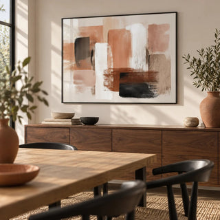 Terracotta Color Art, framed on the wall of a modern dining room