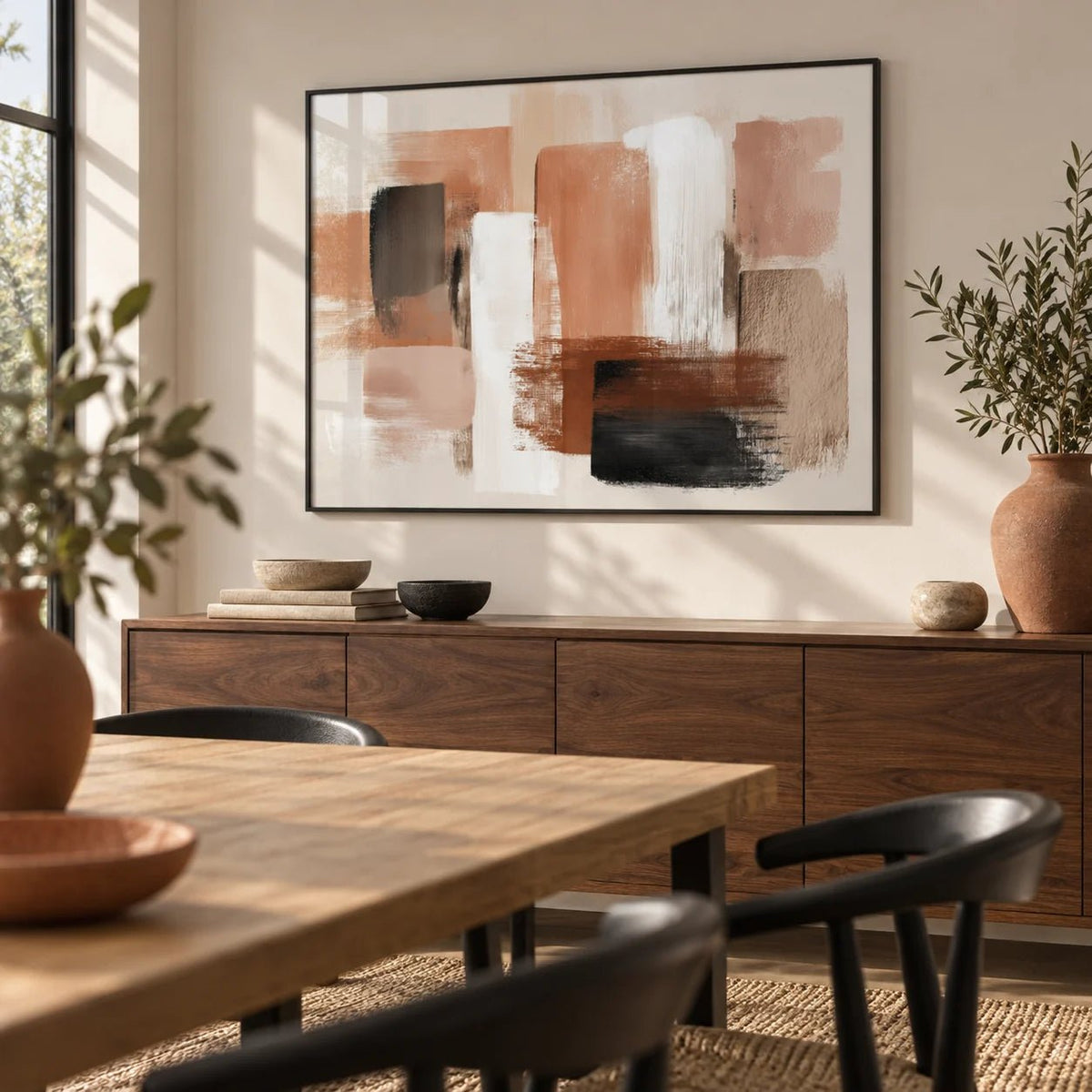 Terracotta Color Art, framed on the wall of a modern dining room