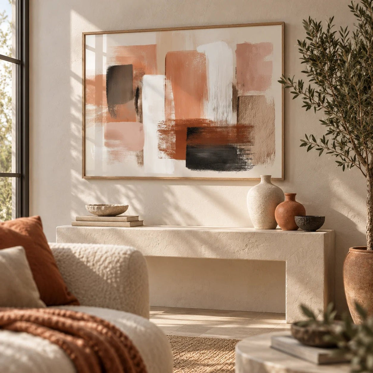 Terracotta Color Art, framed on the wall of a modern living room corner
