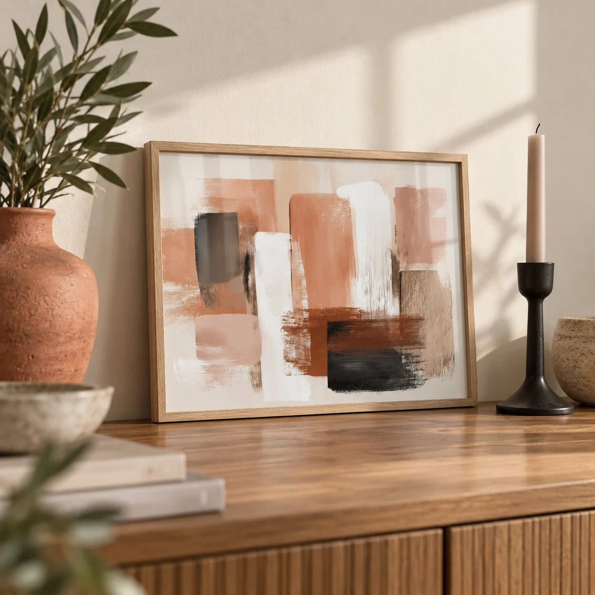 Terracotta Color Art, a small A4 framed print leaning on a sideboard in a living room