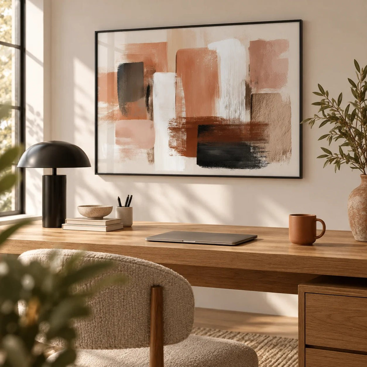Terracotta Color Art, framed on the wall of a stylish home office