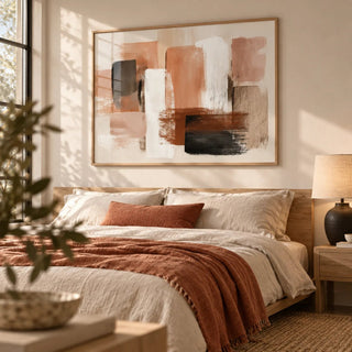 Terracotta Color Art, framed on the wall of a warm minimal bedroom