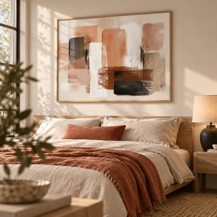 Terracotta Color Art, framed on the wall of a warm minimal bedroom