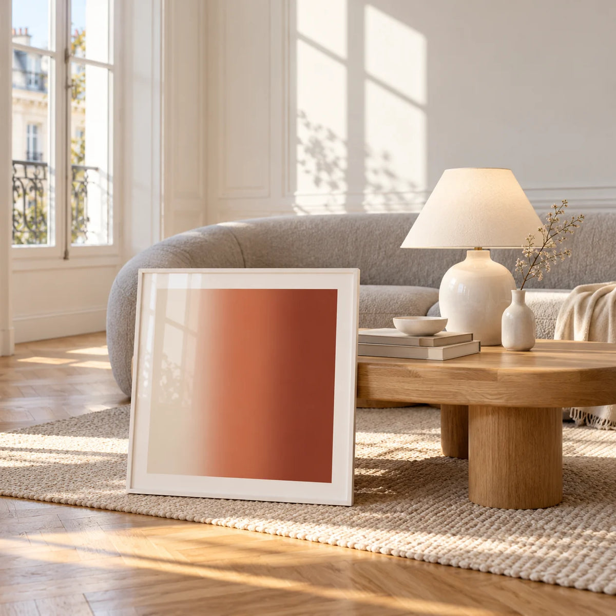 Terracotta Wall Art, framed and leaning against a coffee table in a bright living room
