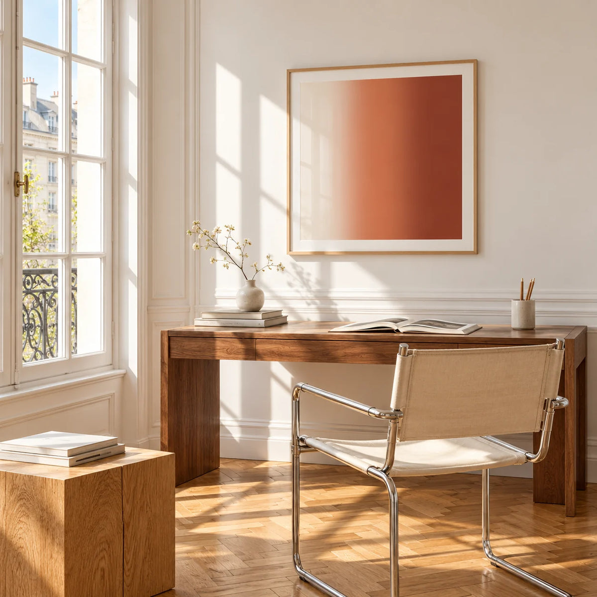 Terracotta Wall Art, framed on the wall of a bright study corner with a tall white paned window