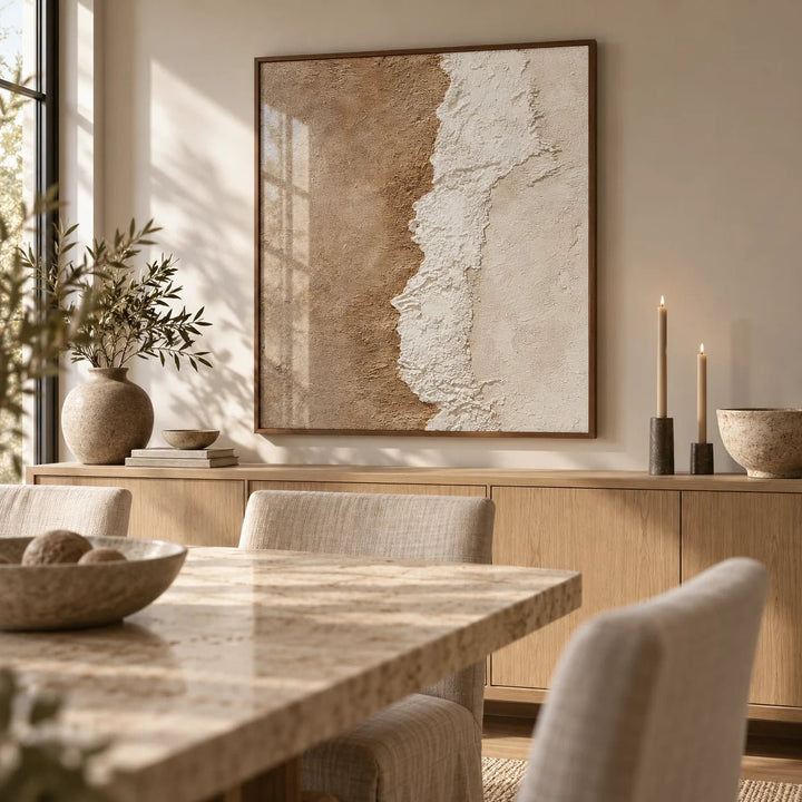 Textured Art Print, framed on the wall of a calm dining room