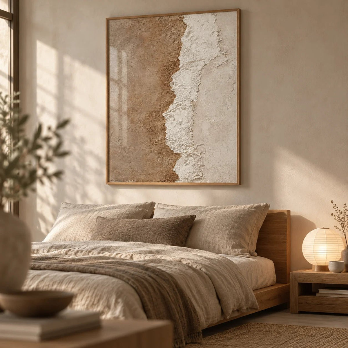 Textured Art Print, framed on the wall of a calm neutral bedroom